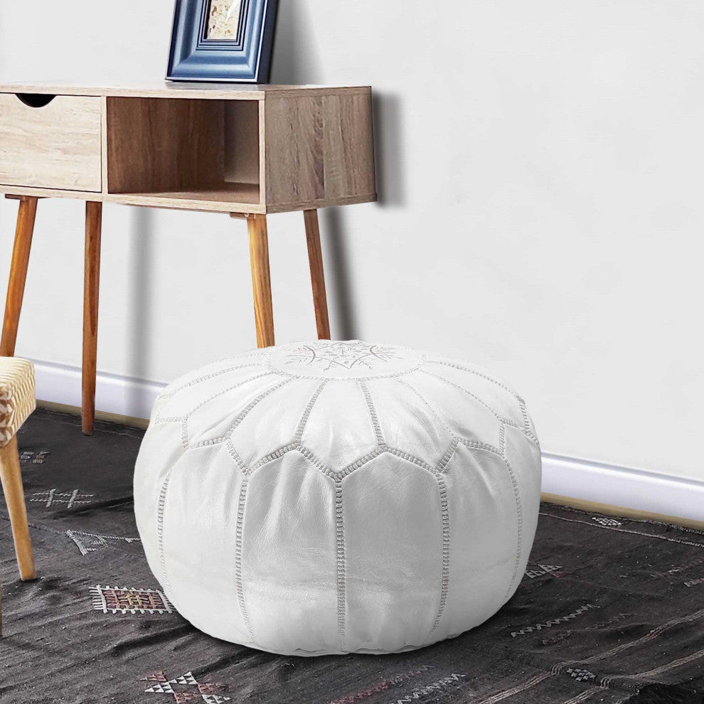4 Colors Handmade Moroccan Ottoman, Genuine Leather White Poufs, Milk White