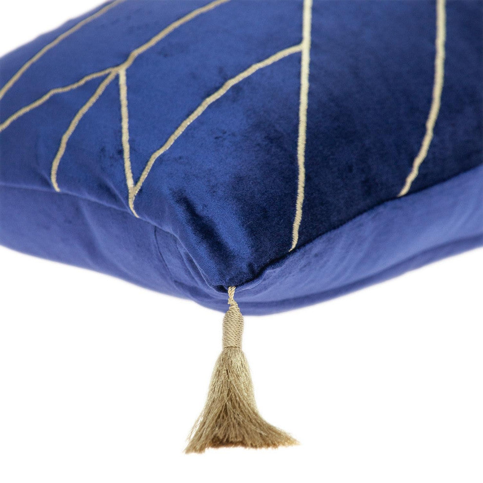 Blue and Gold Geo Velvet Lumbar Pillow With Gold Tassels