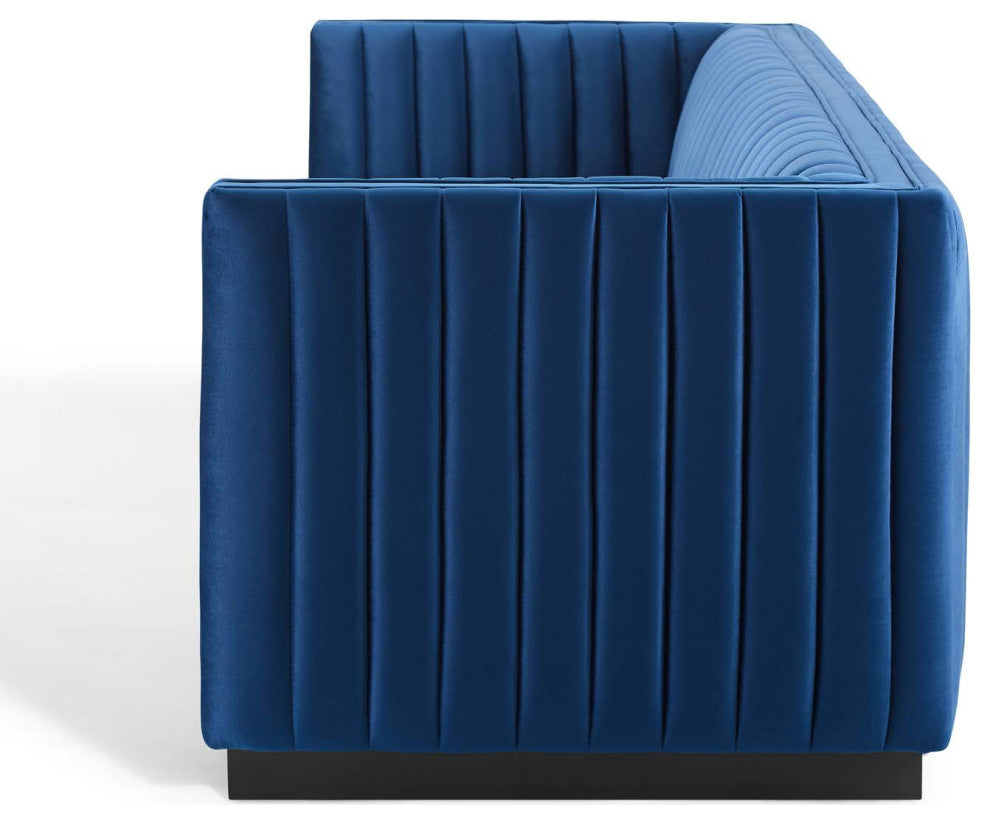 Tufted Sofa, Velvet, Blue Navy, Modern, Living Lounge Hotel Lobby Hospitality