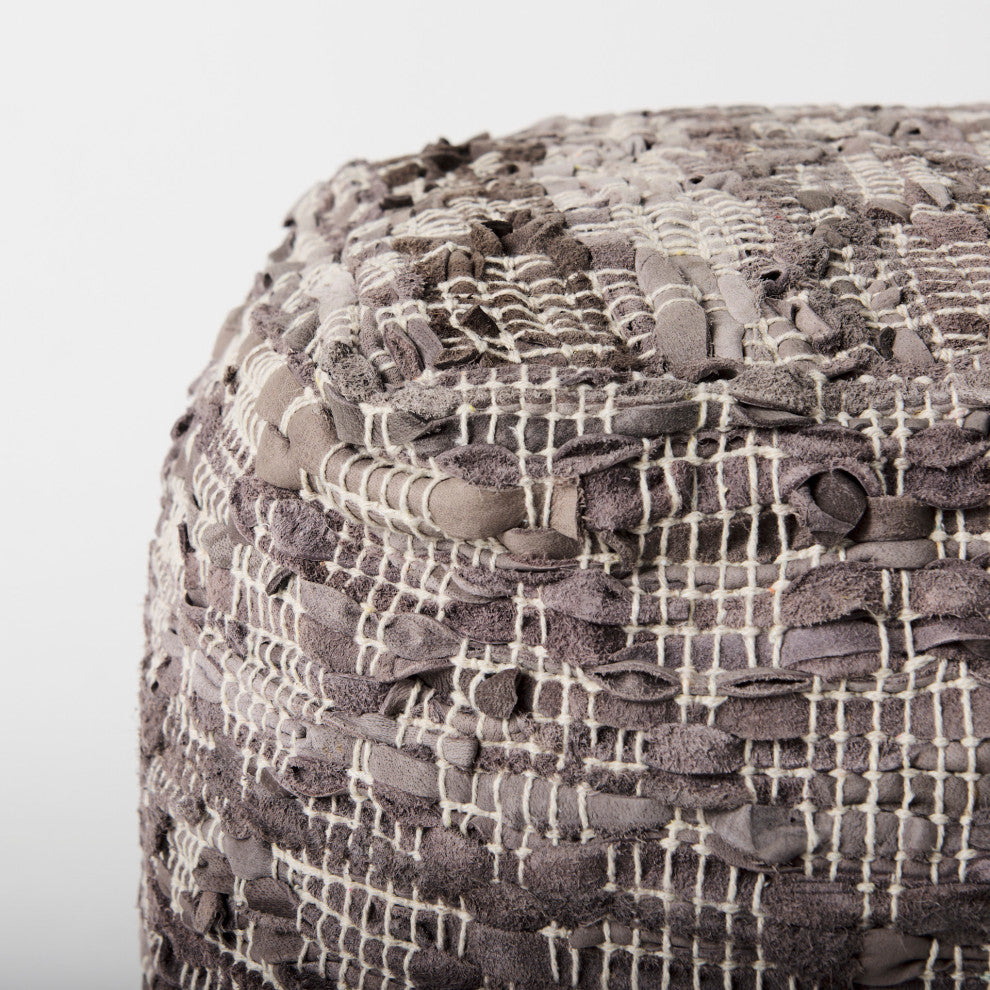 Falguni 16Lx16Wx16H Gray Leather and Cotton Patterned Pouf