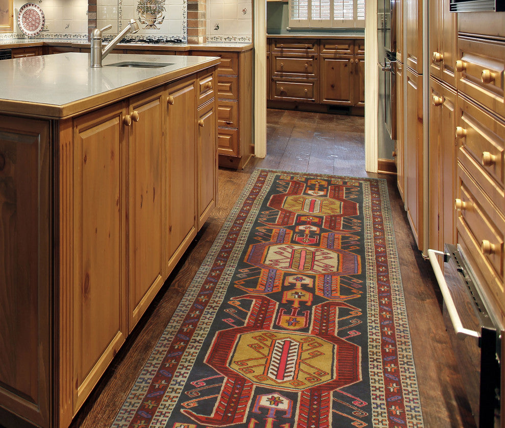 Fine Vintage Distressed Marva Navy/Burgundy Runner, 3'5x10'5