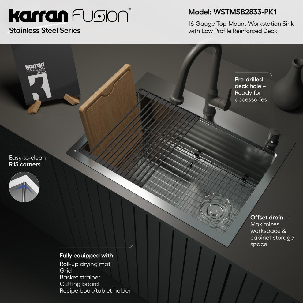 Karran Top Mount 28-in Stainless Steel Single Bowl Workstation Kitchen Sink