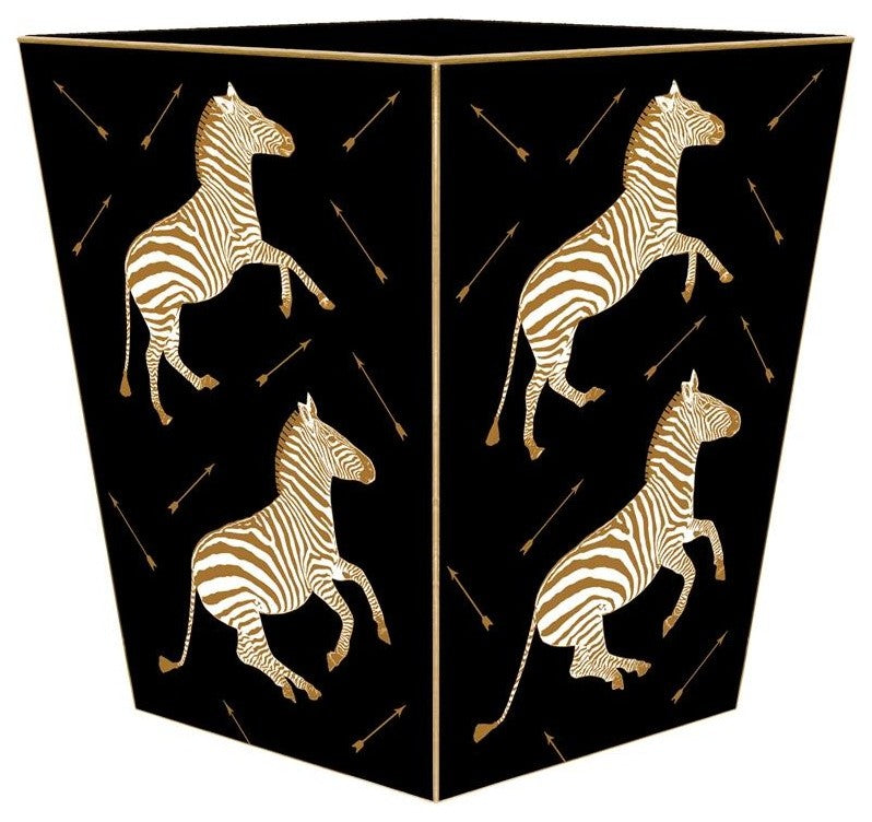 WB8493, Zebra Trot on Black Wastepaper Basket