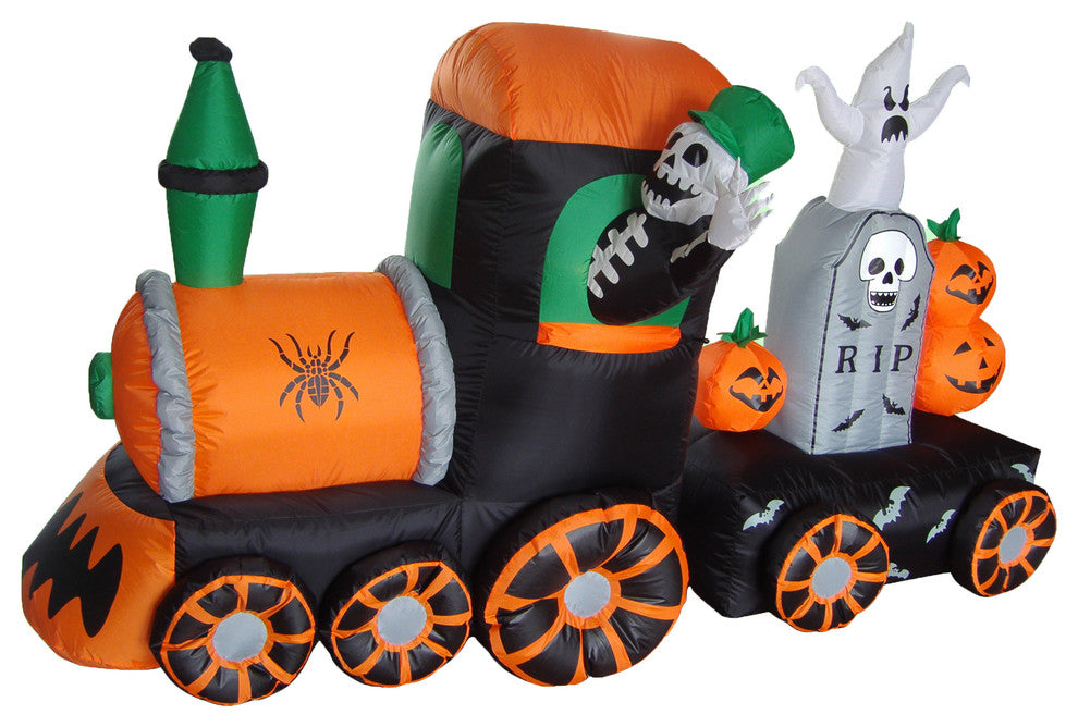 Skeleton on Train With Pumpkins and Ghost Tombstone, 7' Long