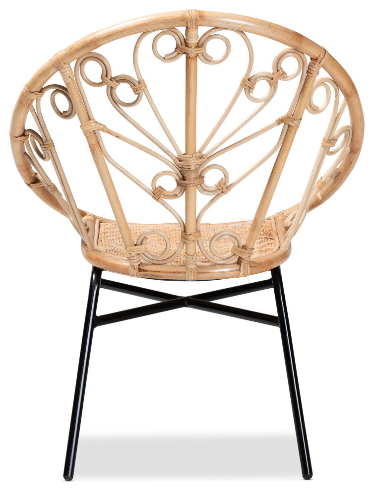 Zenaida Modern Bohemian Natural Brown Rattan and Black Metal Chair