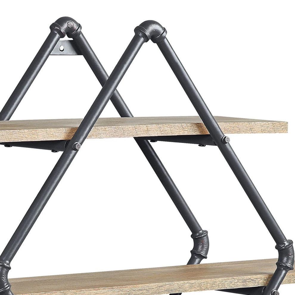Benzara BM274645 Wall Mount Rack With 3 Tier, Diamond Pipe Frame, Brown/Black