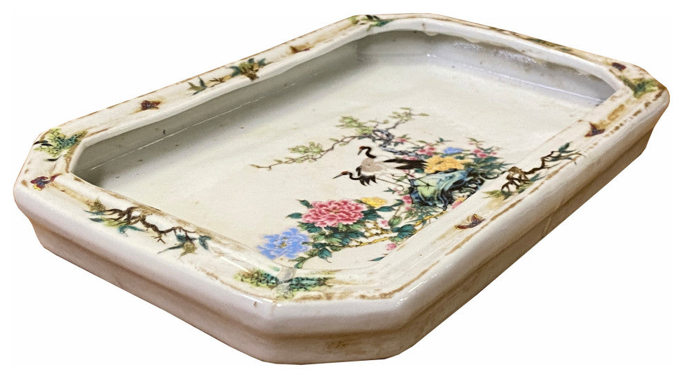 Chinese Off White Porcelain Flower Cranes Rectangular Display Plate Hws1820