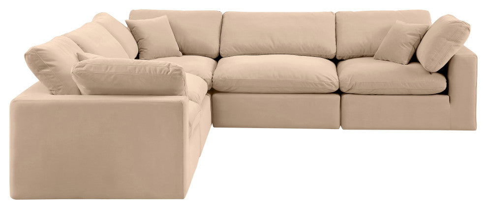 Comfy Upholstered L-Shaped Modular Sectional, Beige, 5-Piece: 2 Armless Chair, 3 Corner Chair, Velvet