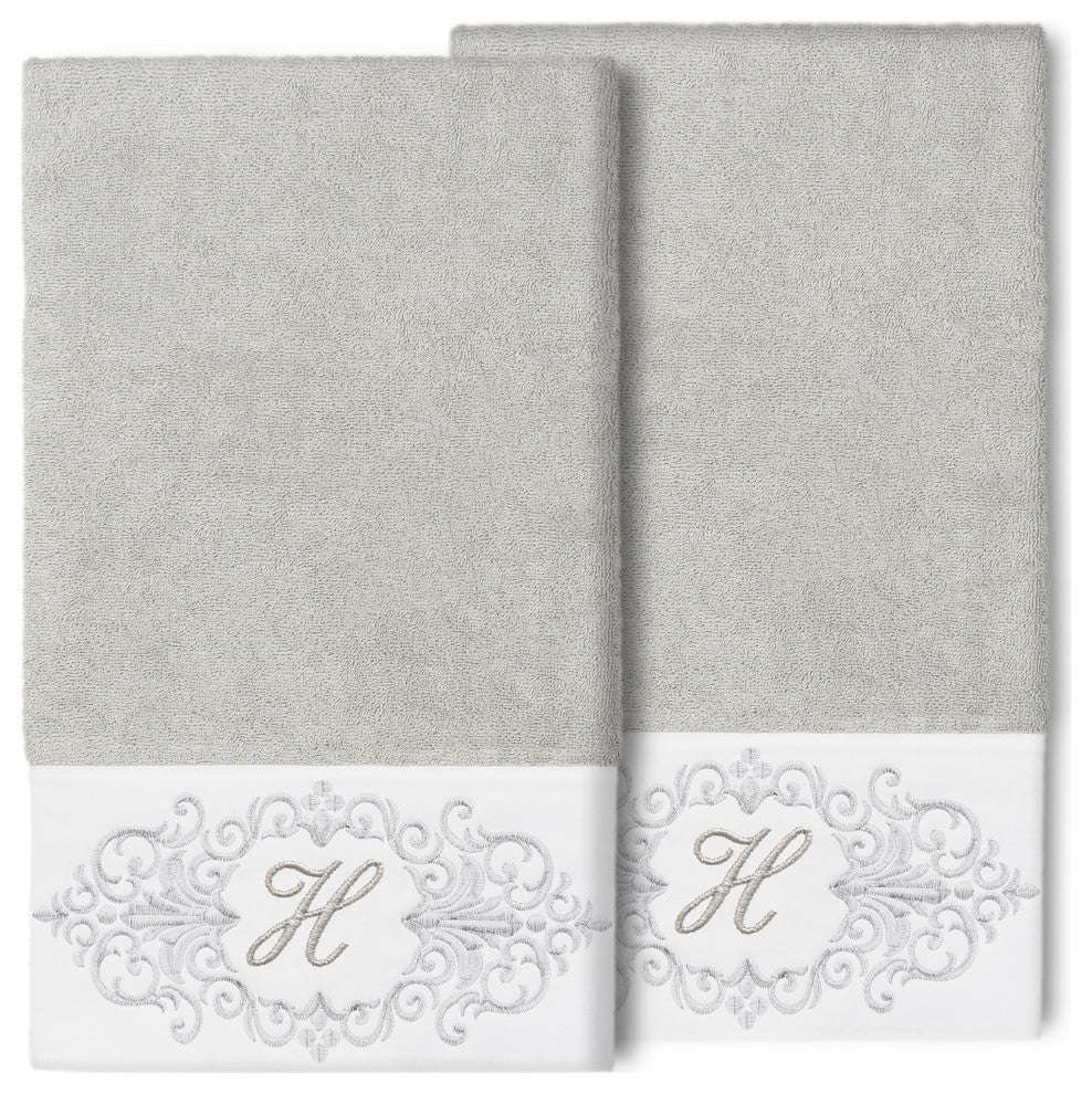 Linum Home Turkish Cotton Monica 2-Piece Embellished Bath Towel Set, Light Gray
