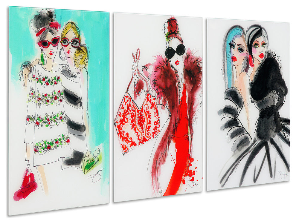 "Fashion Show - Set of 3" Frameless Free Floating Tempered Art Glass