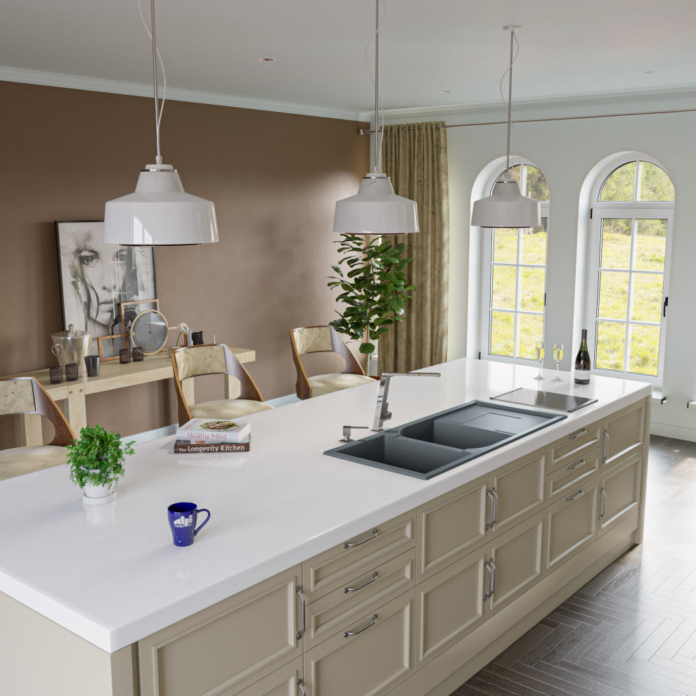 Titanium 46" Double Bowl Granite Composite Kitchen Sink with Drainboard