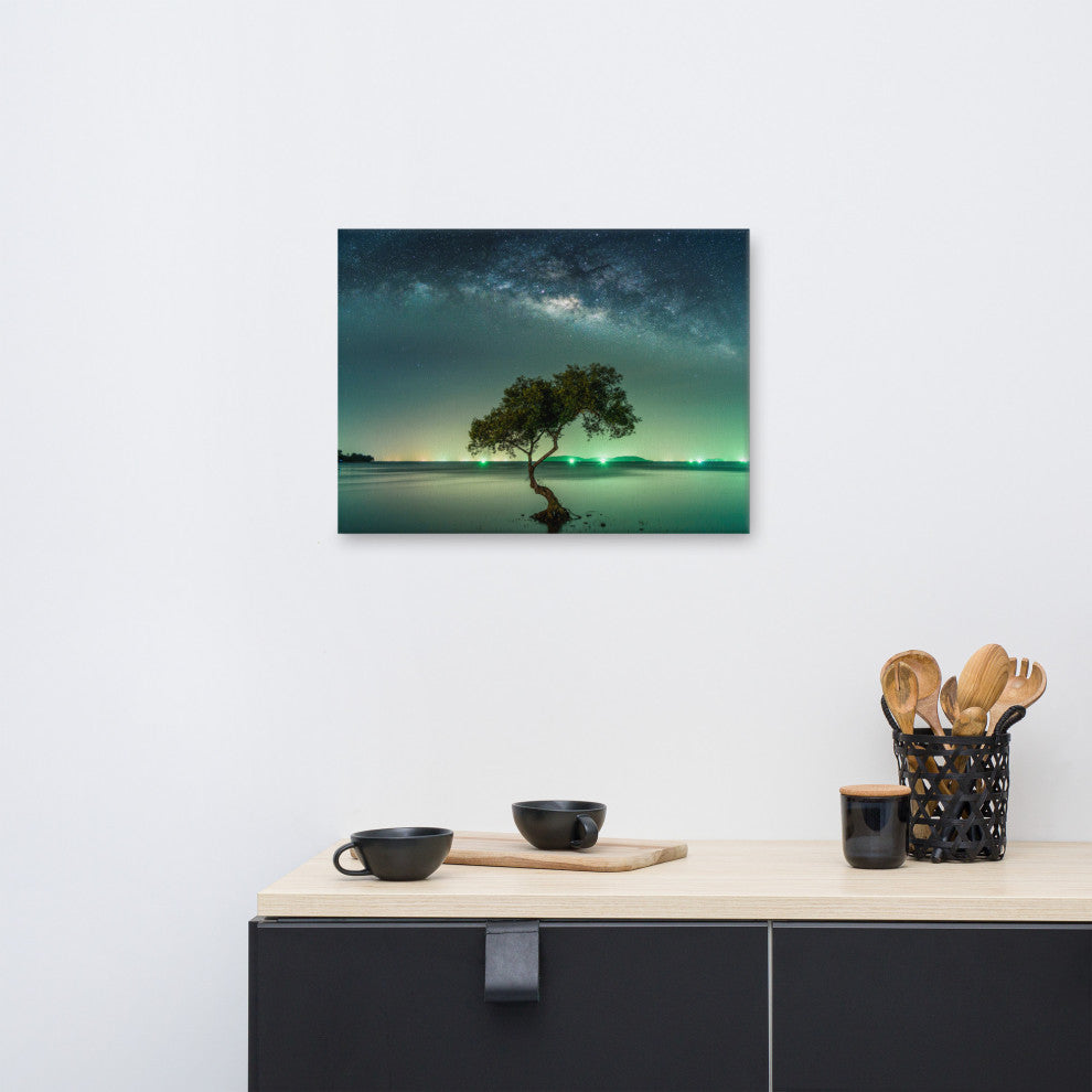 Glowing Milky Way Galaxy with Tree Canvas Wall Art Prints, 18" X 24"