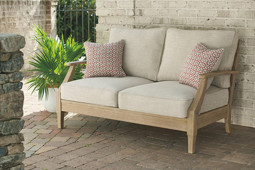 Coastal Outdoor Patio Eucalyptus Loveseat with Cushions, Beige