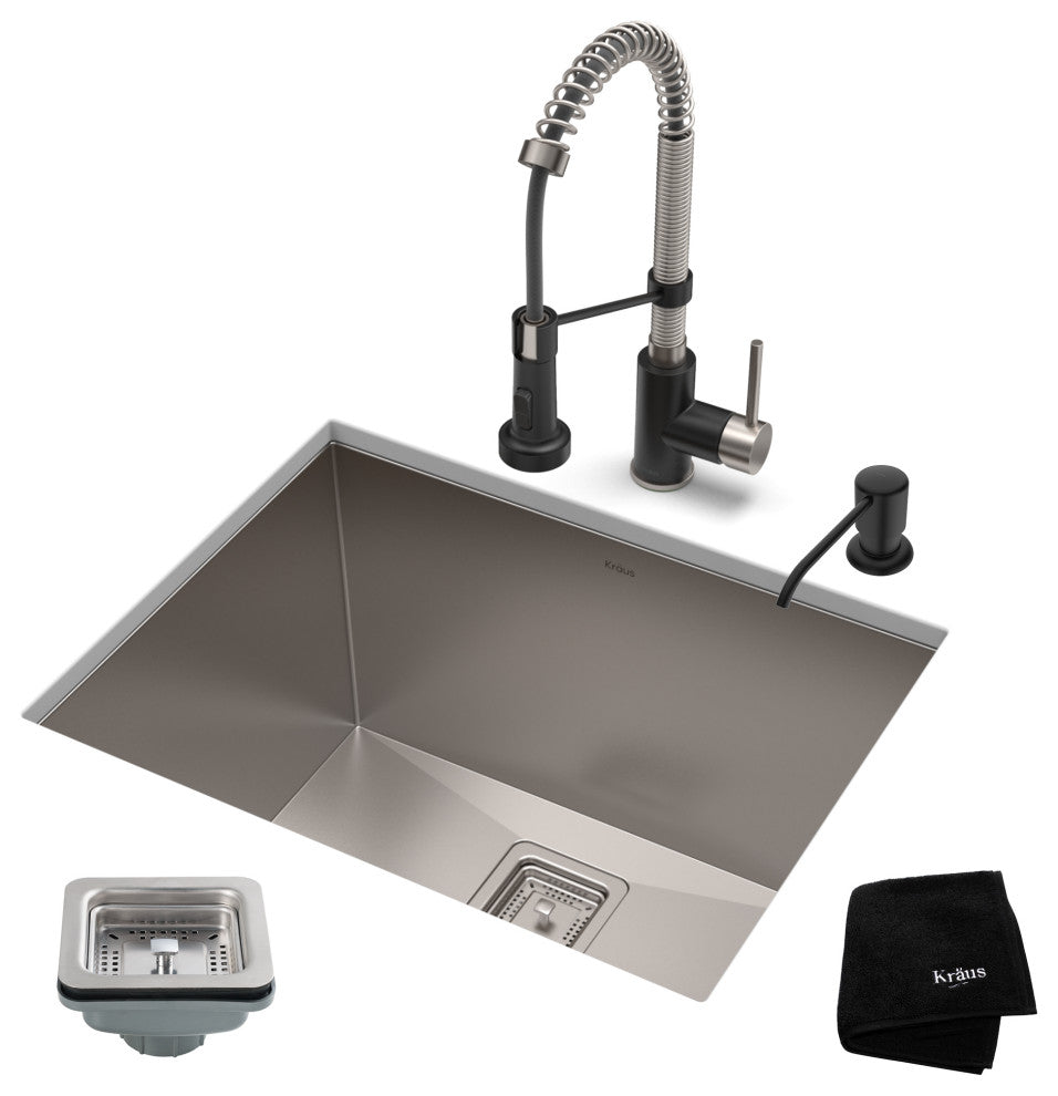 24" Undermount Stainless Steel Kitchen Sink, Pull-Down Faucet SSMB w Dispenser