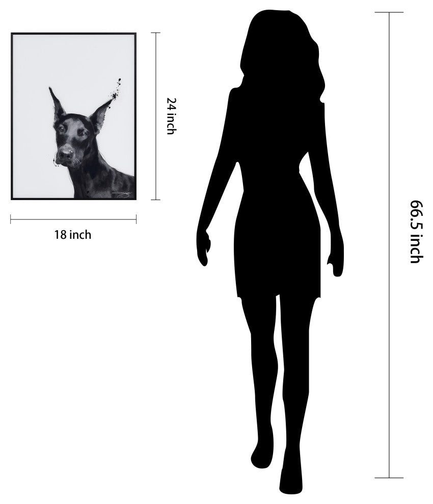 "Doberman" Black and White Pet Paintings on Printed Glass With Anodized Frame