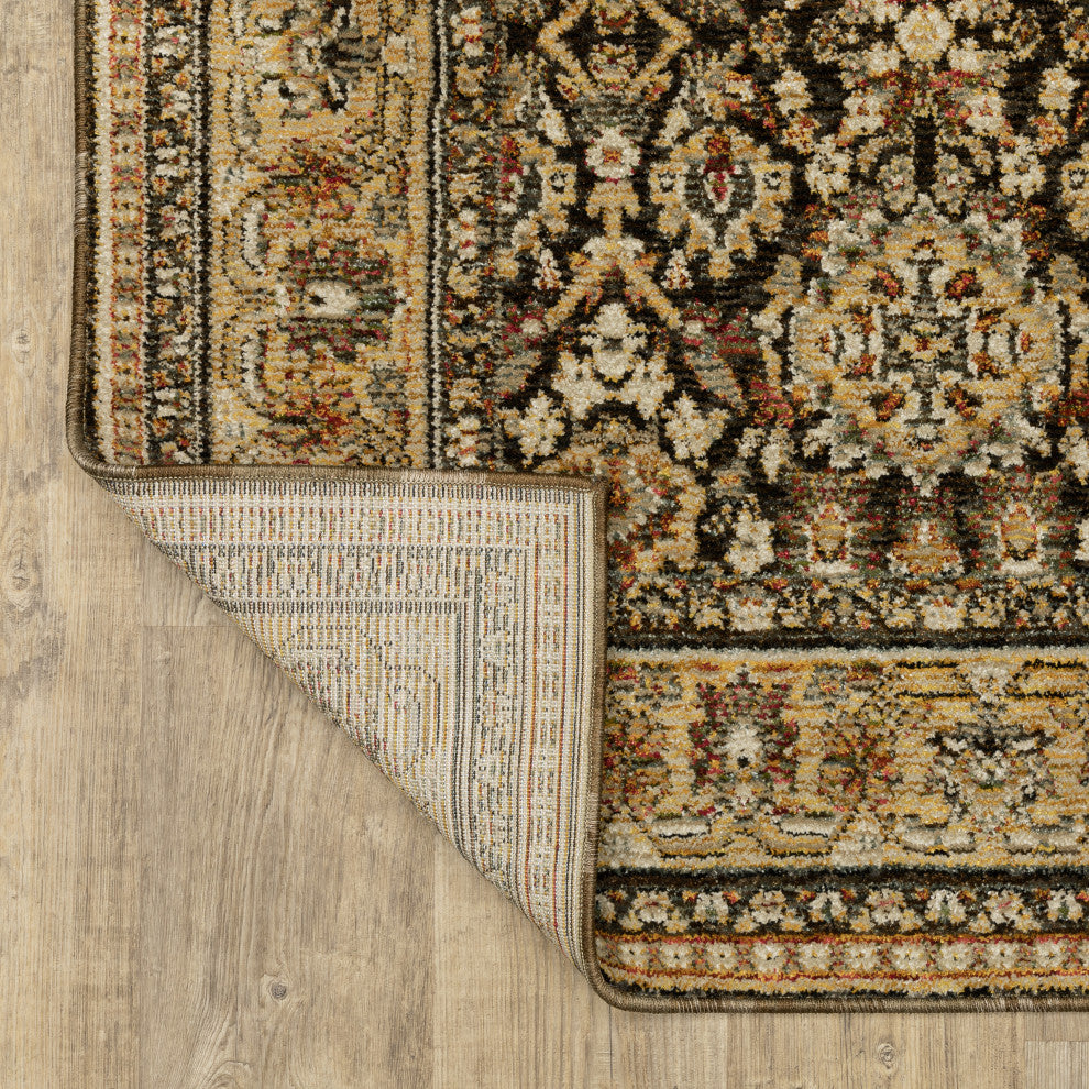 Adeline Bordered Traditional Brown/ Gold Area Rug Runner 2'6" x 12'