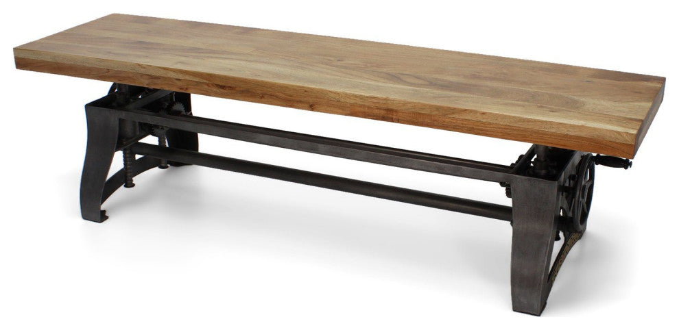 Crescent Industrial Dining Bench - Adjustable Iron Base - Hardwood Seat