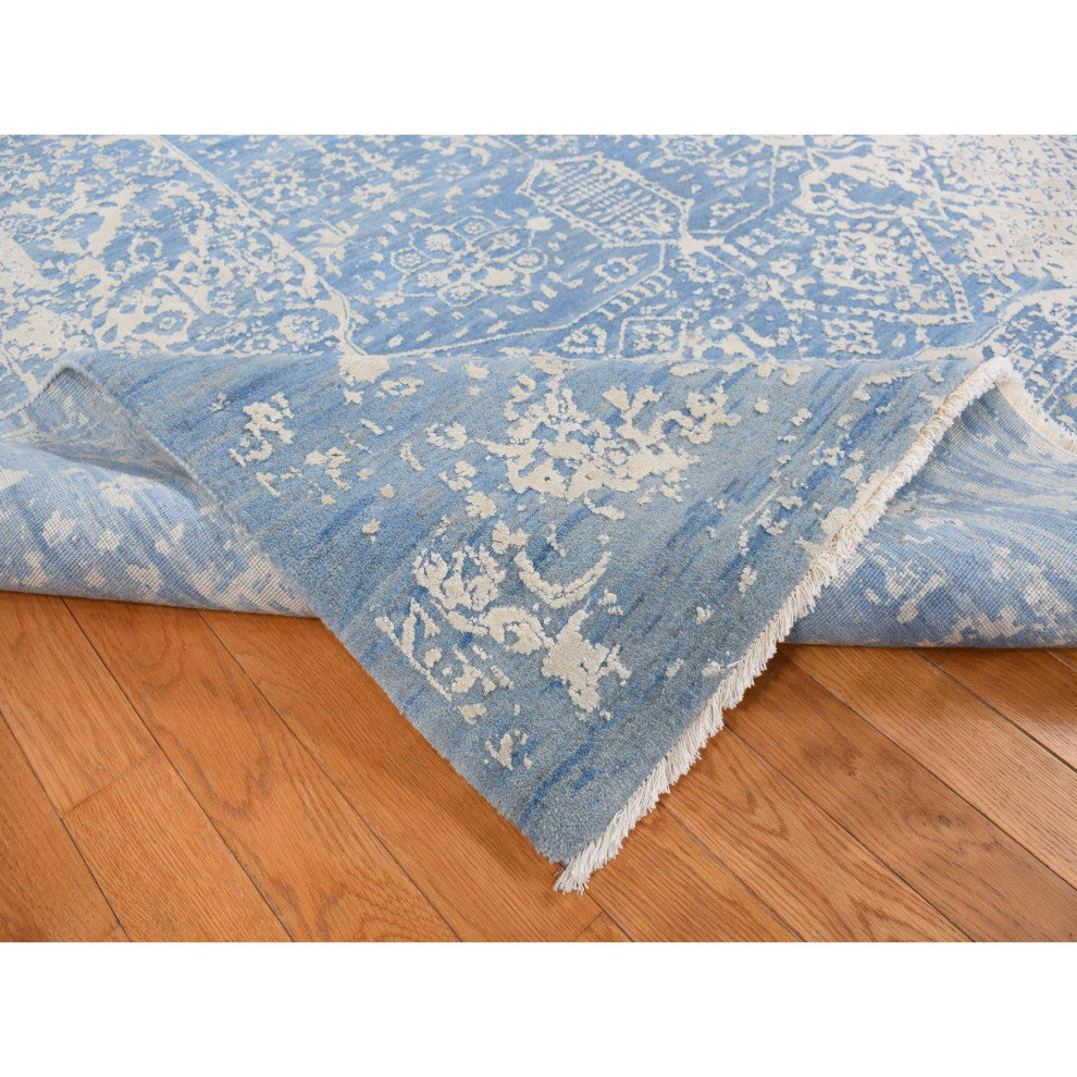 Steel Blue, Broken Persian Design, Wool and Silk, Hand Knotted Rug, 9'2"x12'1"