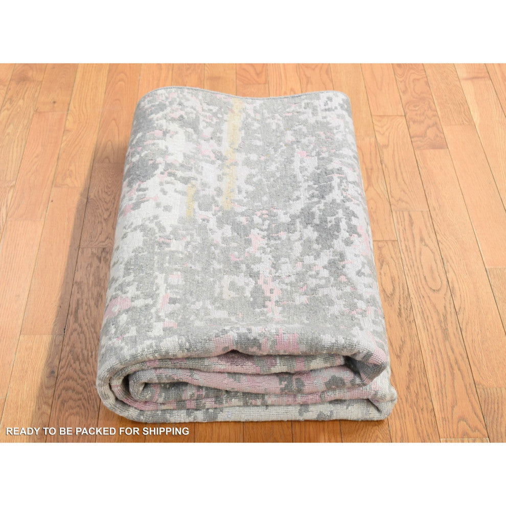 Pink Hi-Lo Pile Abstract Design Wool and Silk Hand Knotted Rug 5'10"x8'9"