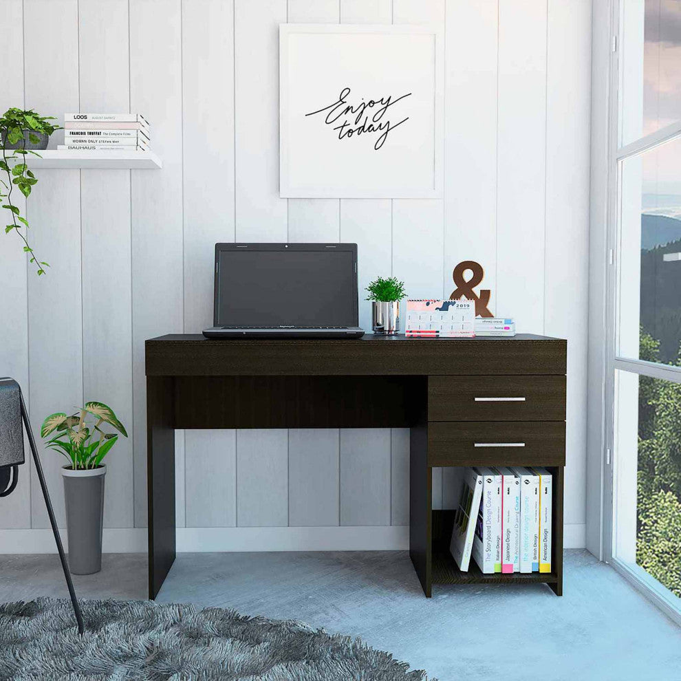 Austin Computer Desk with 2 Drawers, 1 Open Shelf, and Metal Handles, Black