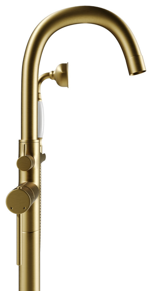CastelloUSA Neptune Freestanding Tub Filler Faucet, Brushed Gold, Drift Handle