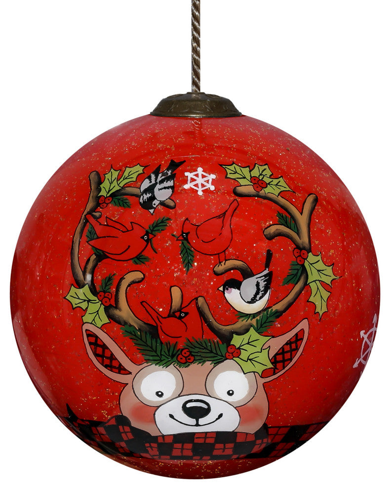 Reindeer With Plaids and Cardinals Hand Painted Mouth Blown Glass Ornament