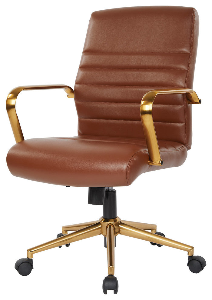 Mid-Back Faux Leather Chair With Gold Arms and Base, Saddle