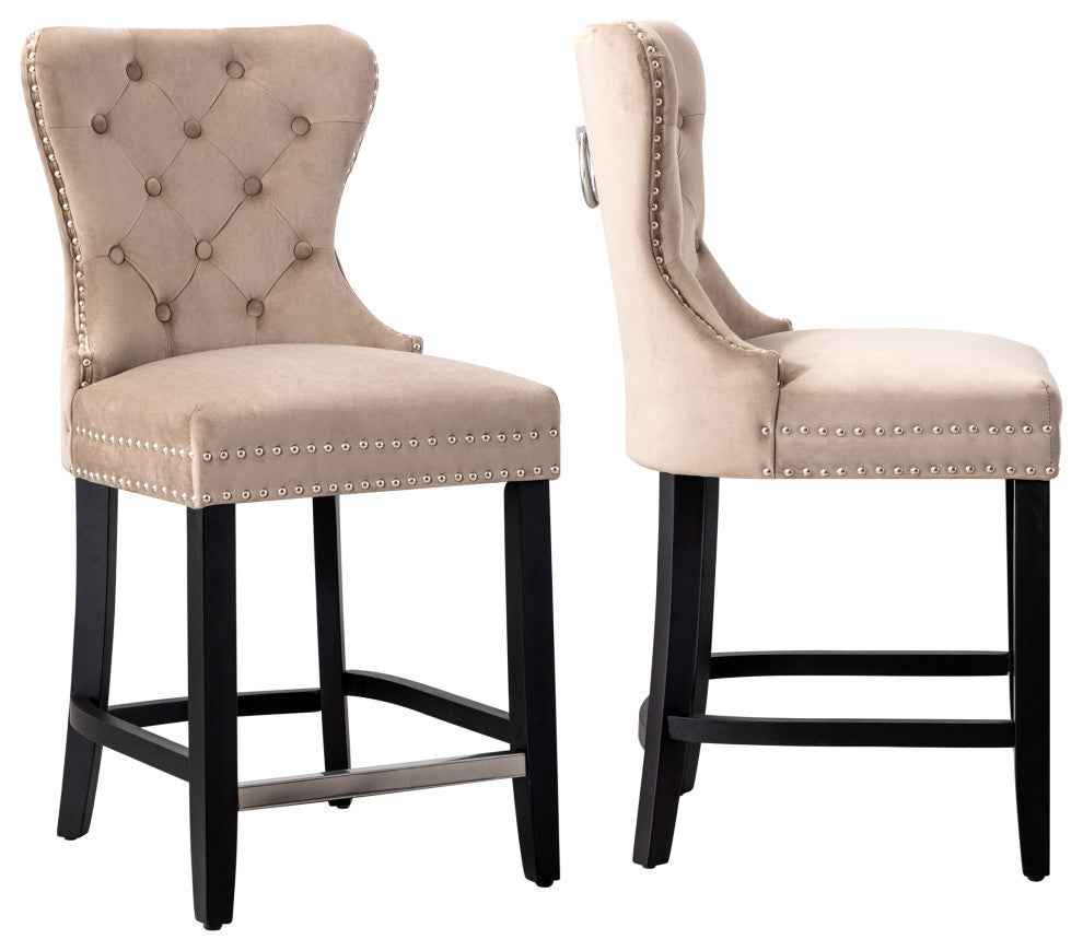 WestinTrends 2PC 24" Tufted Wingback Velvet Counter Height Stool Set, Black, Velvet Taupe