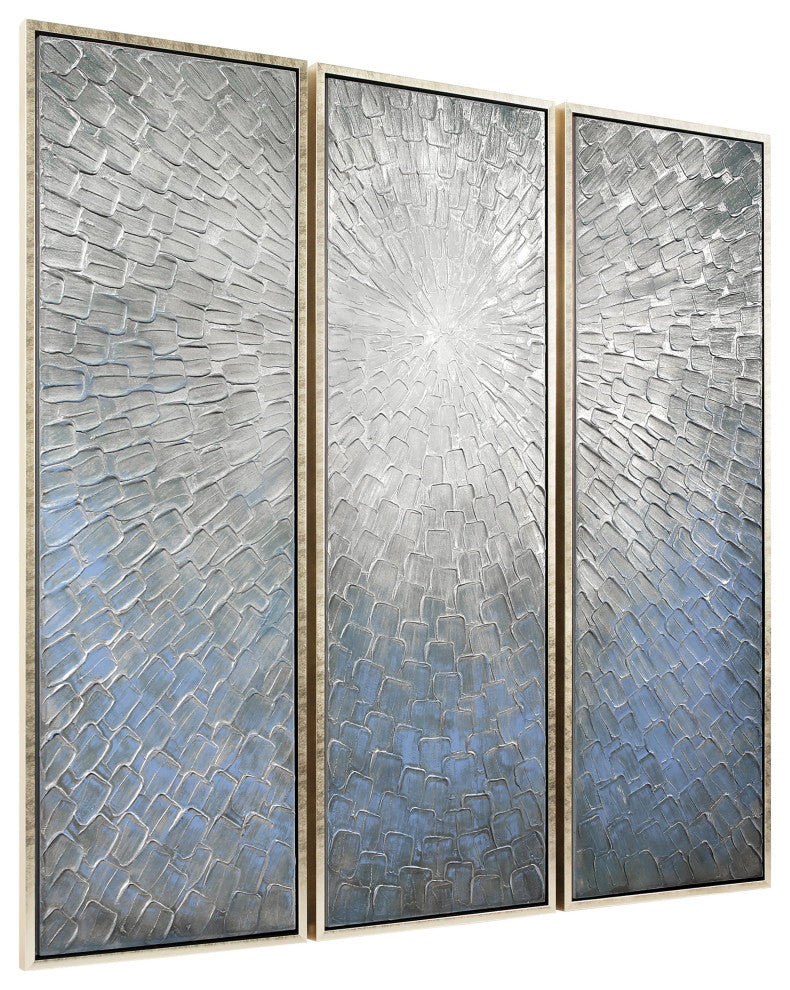 Silver Ice Textured Metallic Hand Painted Abstract Wall Art, 60"x20"