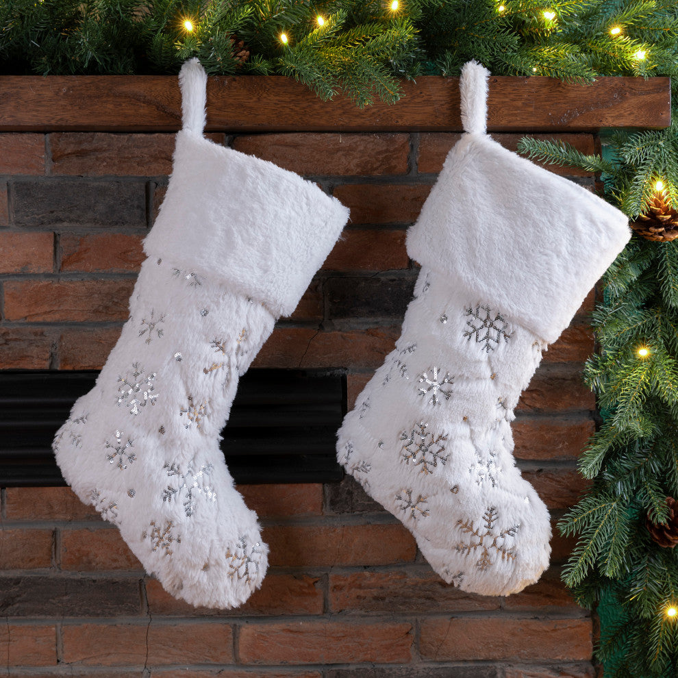 2-Pack 21"L White Plush With Snowflake Christmas Stocking