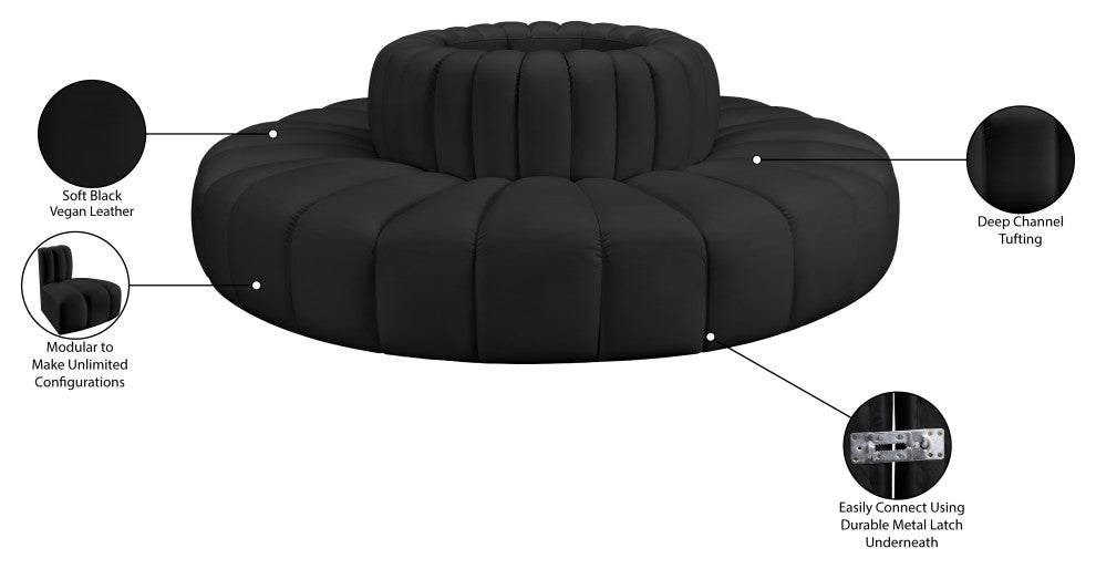 Arc Upholstered Outward Curved Modular Sectional, Black, 8-Piece: 8 Reverse Corner, Vegan Leather