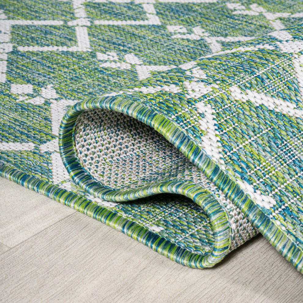 Ourika Moroccan Geometric Indoor/Outdoor Rug, Ivory/Green, 5' Square