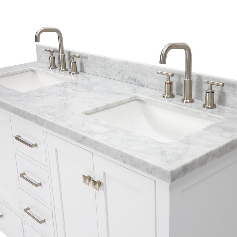 ARIEL Cambridge 61" Double Rectangle Sink Bathroom Vanity White With Marble Top