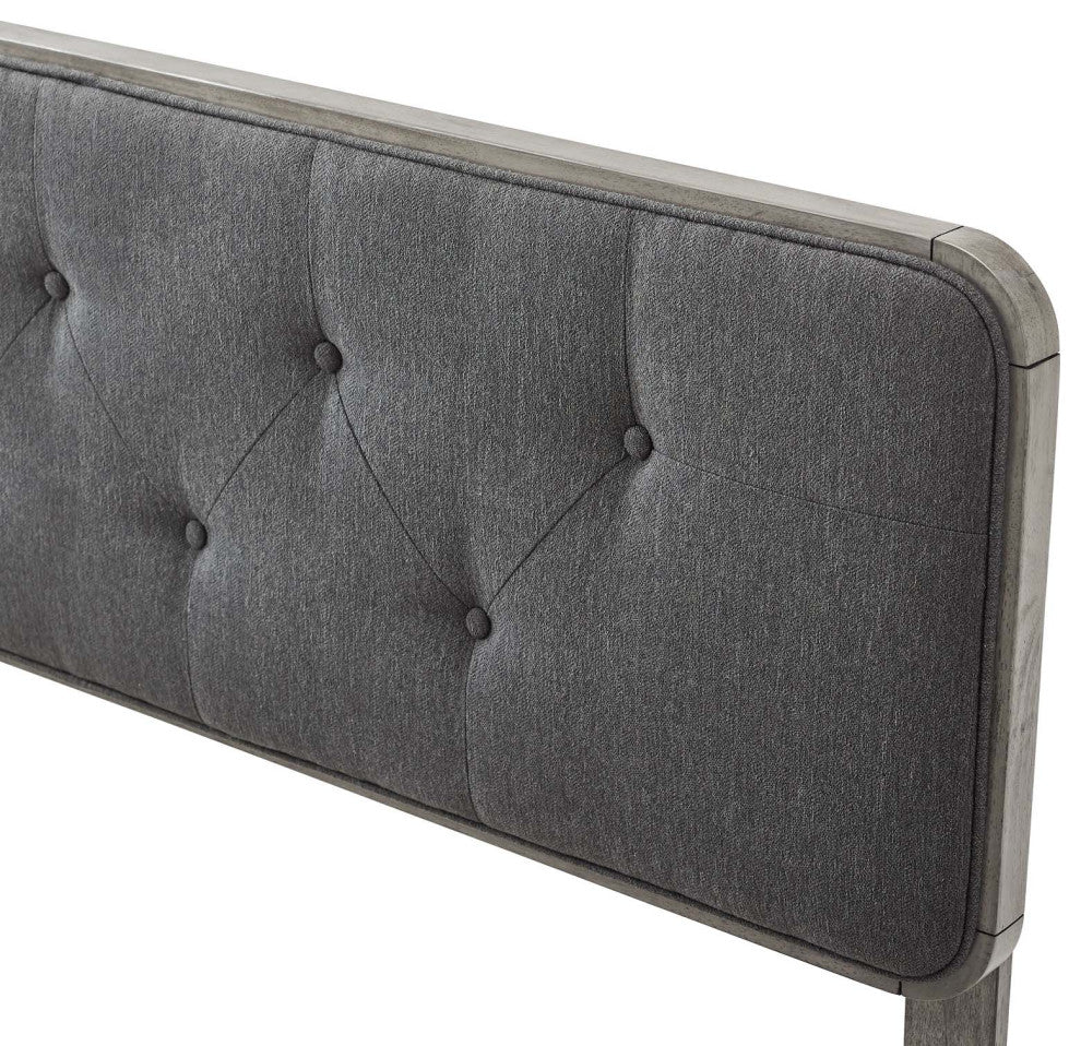 Tufted Headboard, Full Size, Wood, Fabric, Gray, Modern Mid-Century