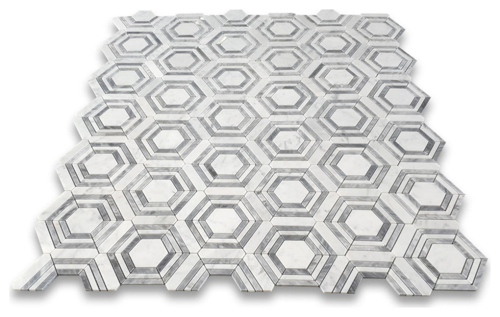 Carrara White Bardiglio Marble Hexagon Georama Geometric Tile Polished, 1 sheet
