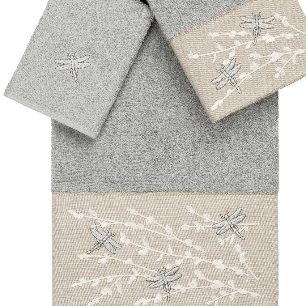Linum Home Turkish Cotton Braelyn 3-Piece Embellished Towel Set, Light Gray