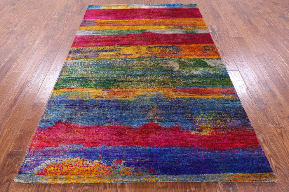 Abstract Hand-Knotted Silk Rug 5' 5" X 8' 2" - Q13093