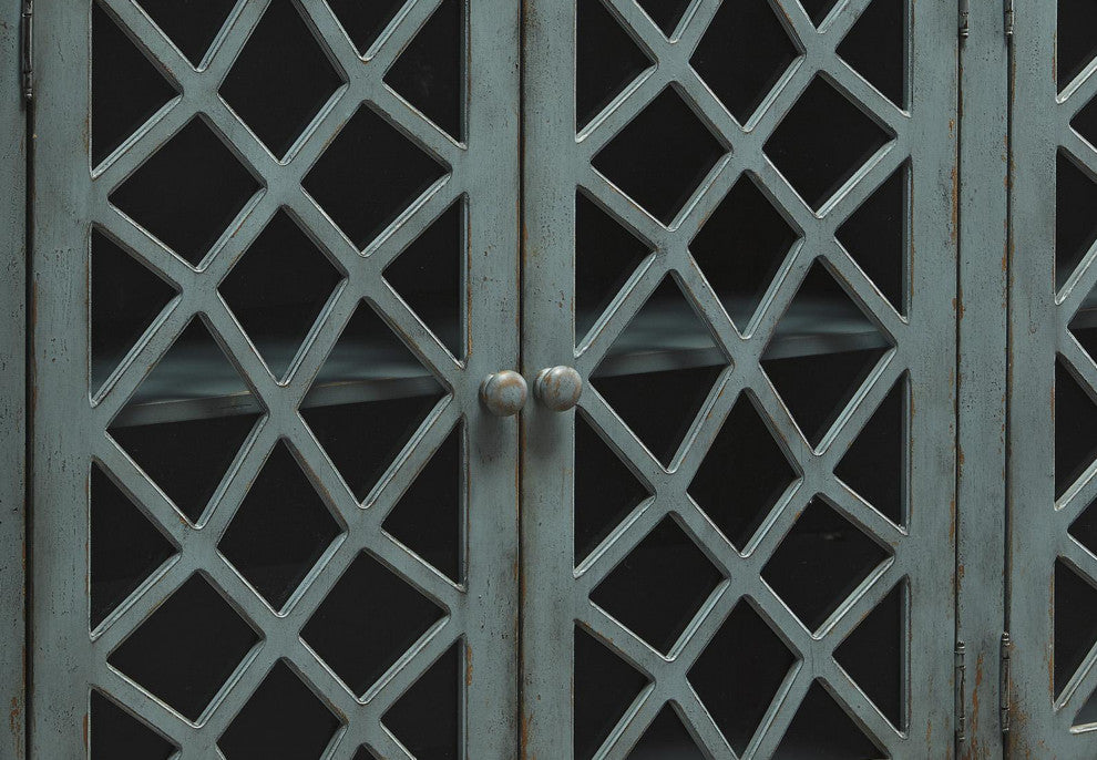 Benzara BM210796 Lattice Design 4 Door Cabinet With Glass Inserts, Teal Blue