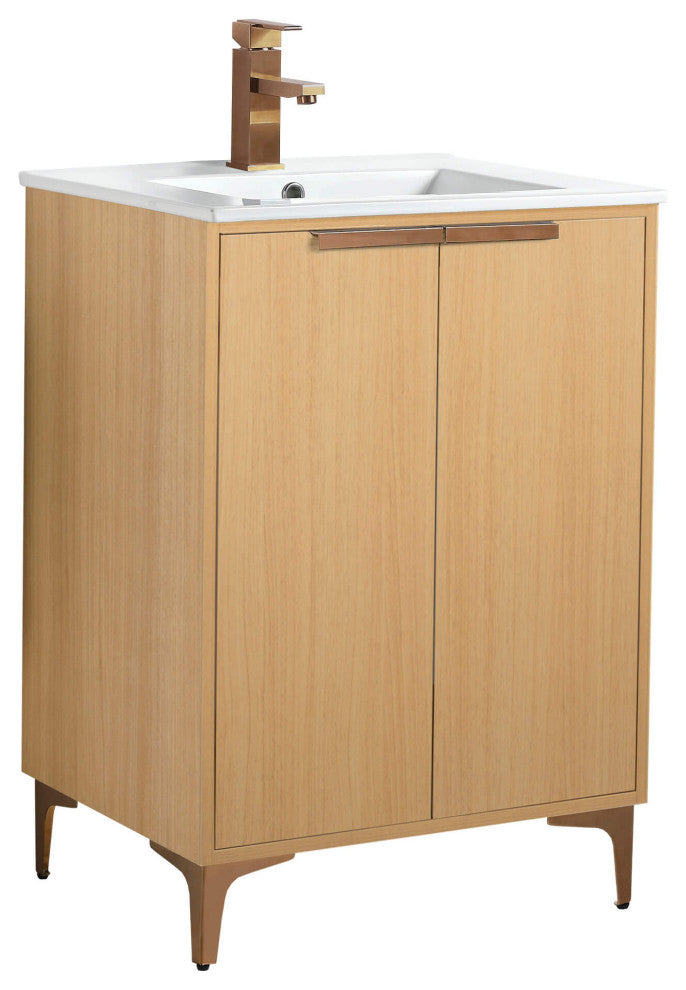 Wilmington Bath Vanity, Natural Oak, 24 Inch, Rose Gold Hardware
