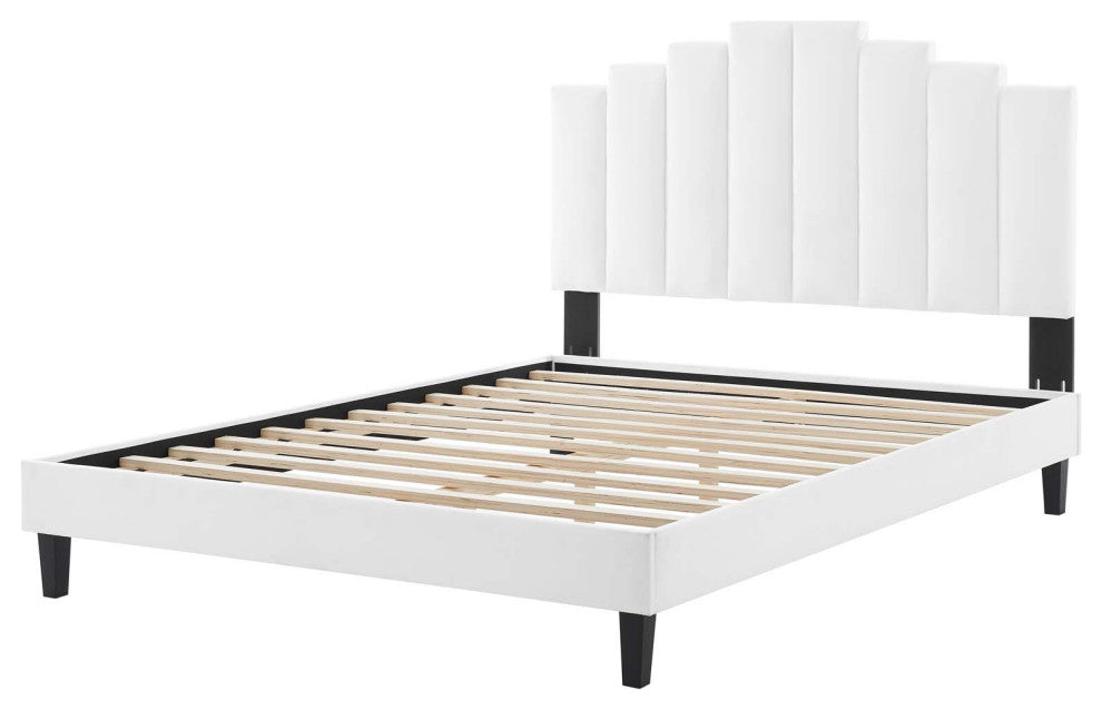 Platform Bed Frame, Queen Size, Velvet, White, Modern Contemporary, Bedroom