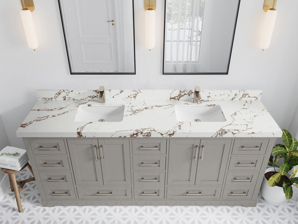 Boston 84" Double Sink Bath Vanity in Elephant Skin Gray 2" Viola Brown