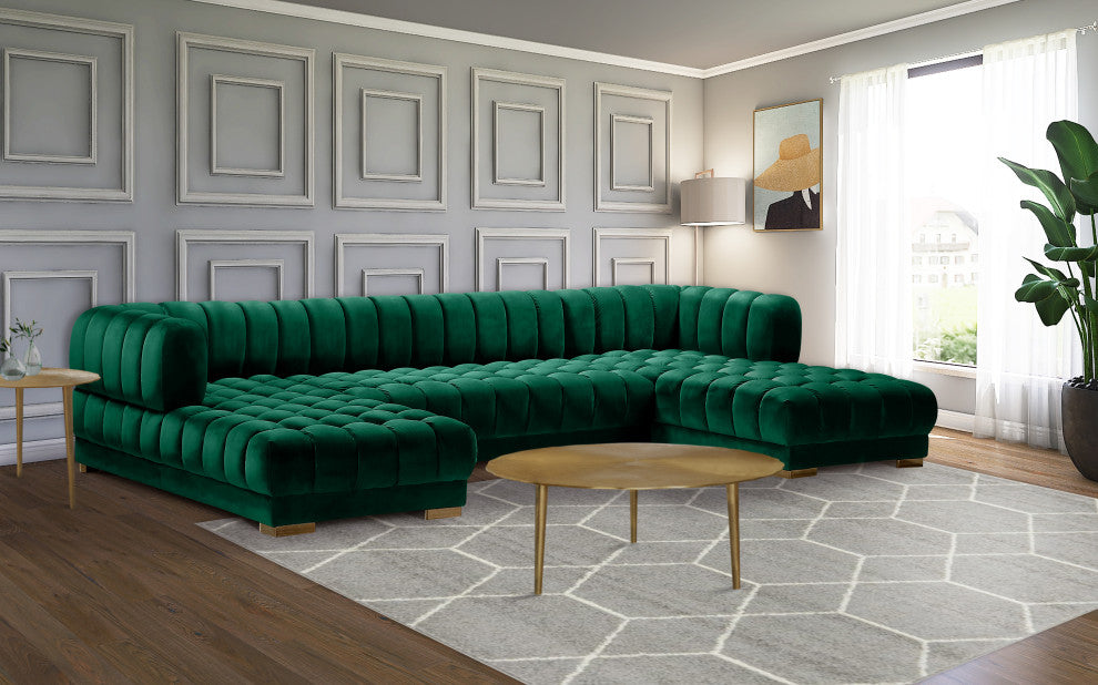 Gwen Biscuit Tufted Velvet Upholstered 3 Piece Sectional, Green