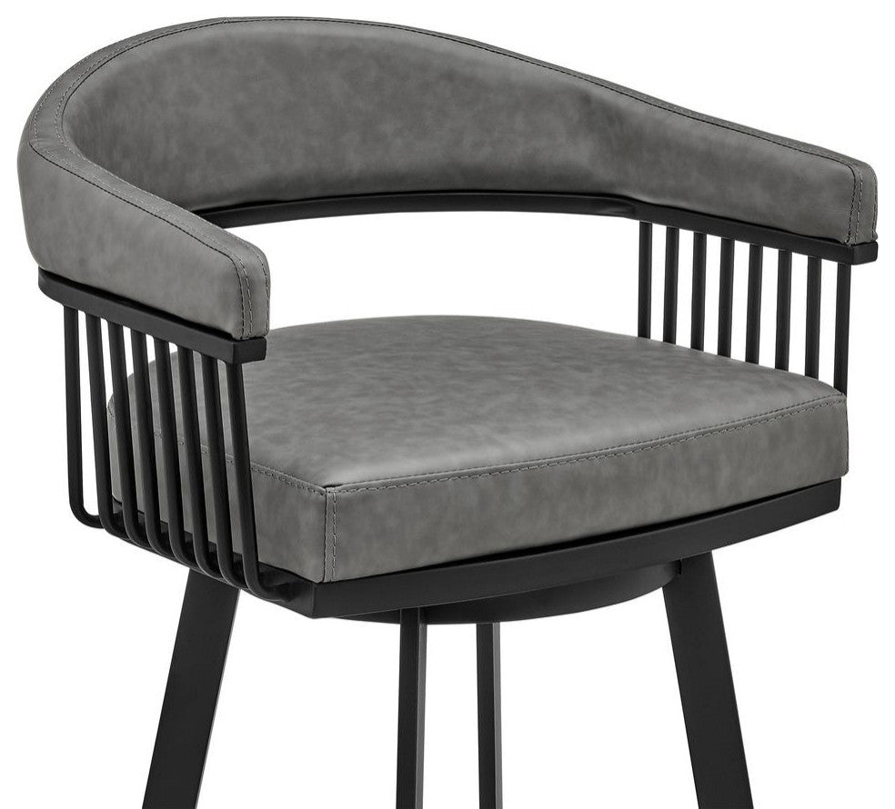 Bronson 30 Bar Height Swivel Bar Stool in Black Finish and Grey Faux Leather
