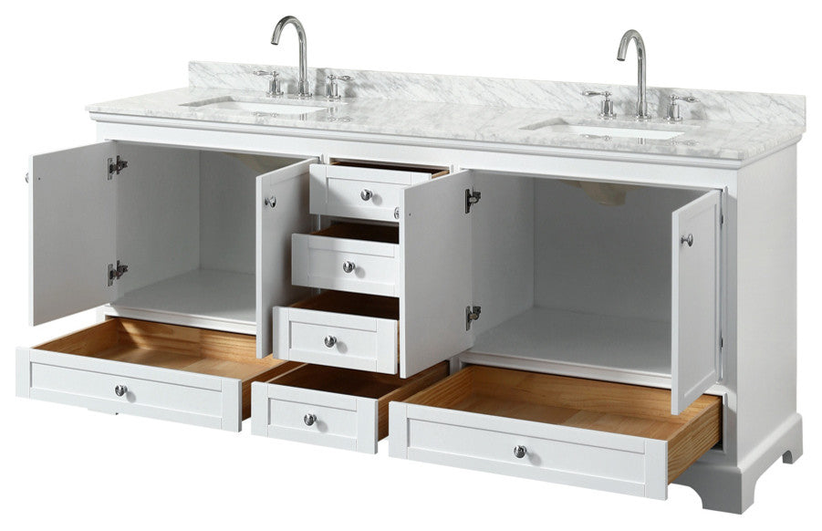 Deborah 80" White Double Vanity, Carrara Marble Top, Square Sinks, No Mirror