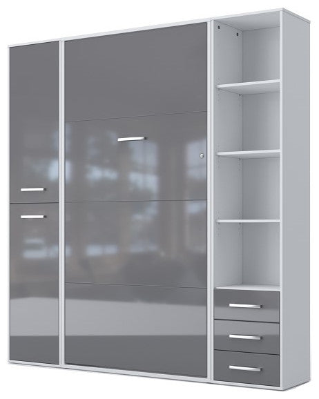 Contempo Vertical Wall Bed, European Twin Size with 2 cabinets, White/Grey
