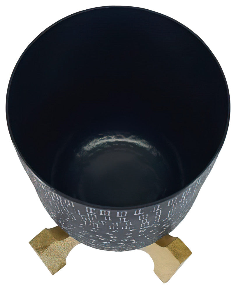Benzara UPT-272900 Round Hammered Metal Planter Pot With Wood Arch Stand, Blue