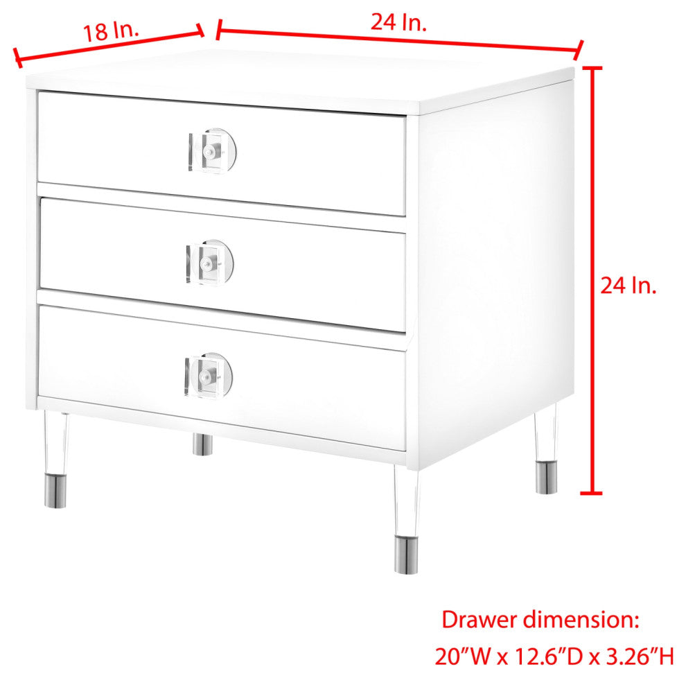 Nicole Miller Barney Nightstand High Gloss Acrylic Knob and Legs, White