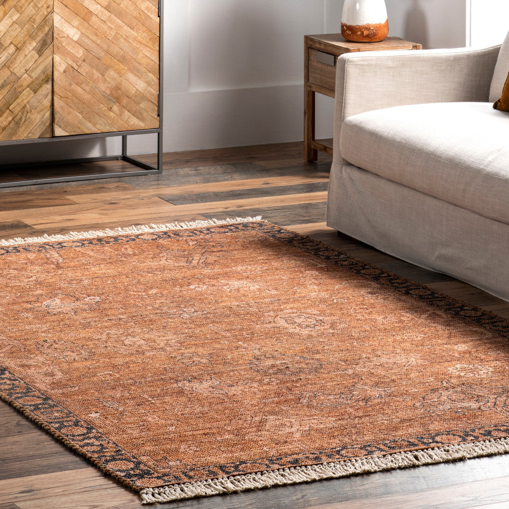 Marigold Vintage Tasseled Area Rug, Dark Brown 4'x6'