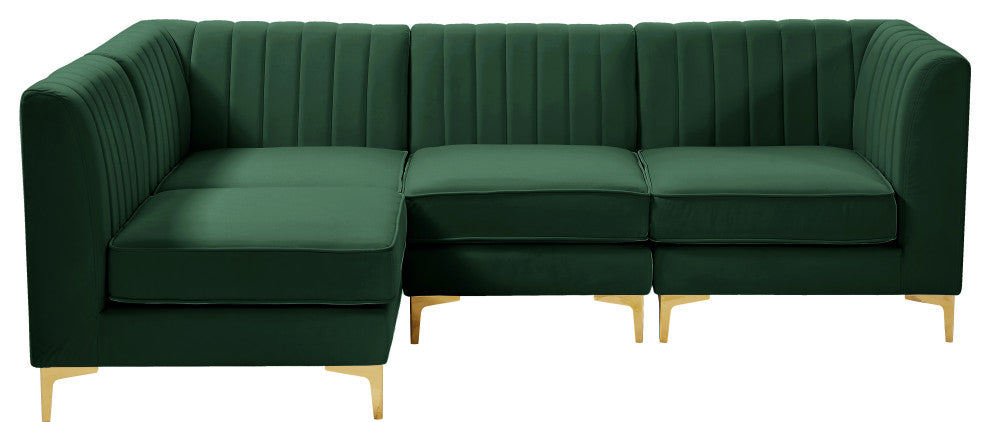 Alina Velvet Modular L-Shaped Modular Sectional, Green, 4-Piece: 2 Armless Chair, 2 Corner Chair