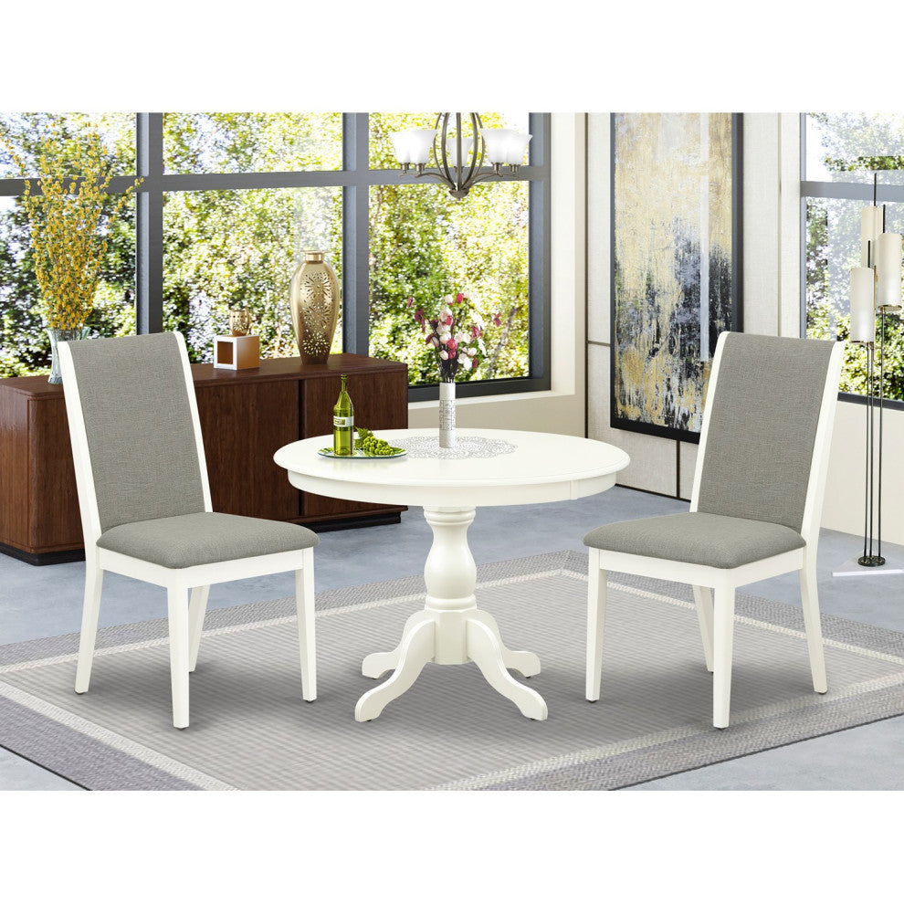3 Pc Dining Set, Linen White Round Table, 2 Shitake Chairs, Linen White